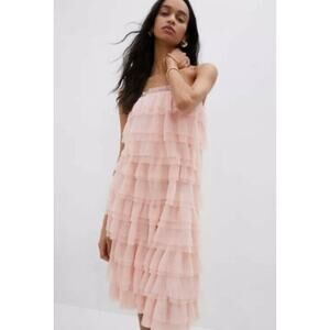 NWT Eva Franco Pink Strapless Ruffle Midi Dress Size 6 Petite or Regular Anthro!